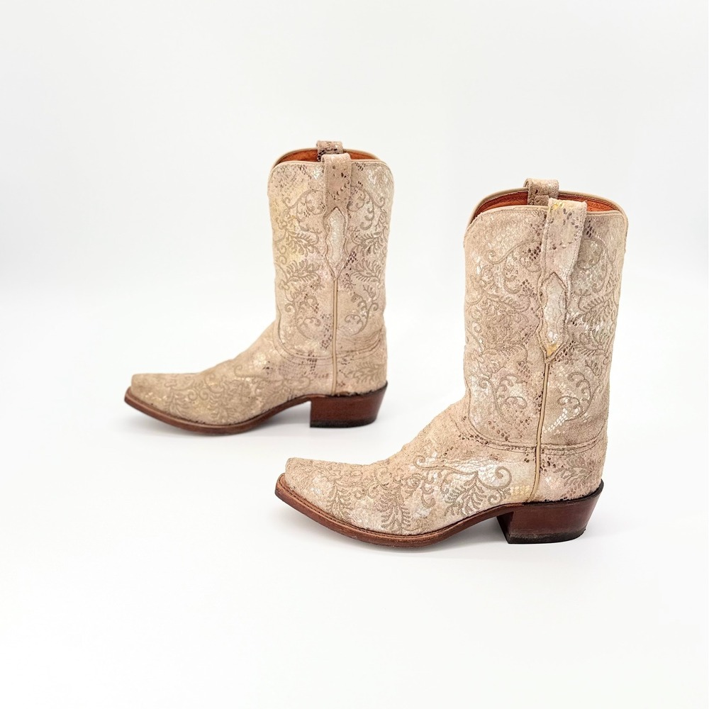 Lucchese 1883 Stone Suede Metallic Python Cowgirl Boots Snip Toe Womens 7B - Picture 5 of 9